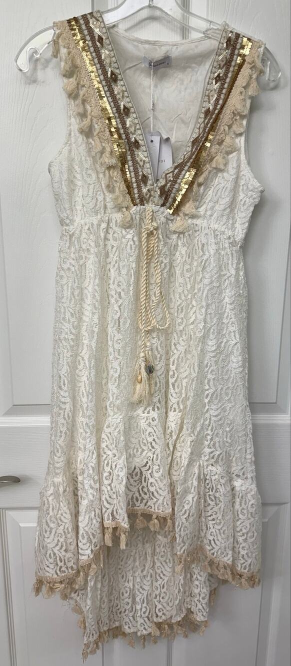 Addconfdt White tiered lace dress gold accents tassels beads v-neck NEW small